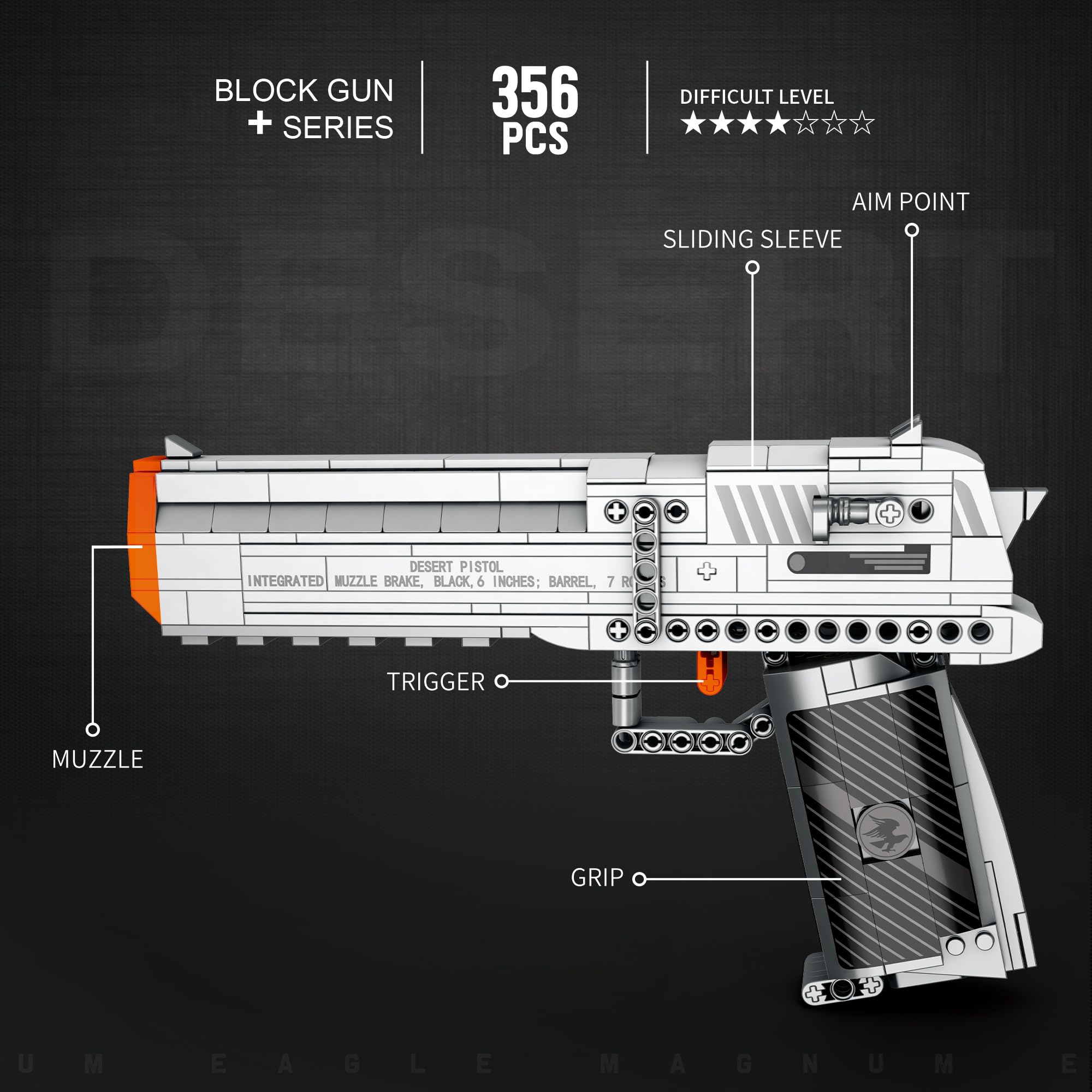 Reobrix 77001 Desert Eagle Model Zestaw do budowania, zabawka z funkcją fotografowania, wojskowe klocki dla nastolatków w wieku 14+ i dorosłych, 356 sztuk