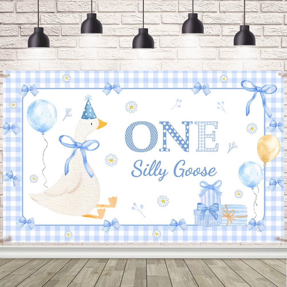 AIBIIN One Silly Goose Backdrop Goose 1st Birthday Banner Our Little Goose is Turning One Goose Theme Blue Plaid Bow Tie Banner Cute Cartoon Birthday Party Decorations 70.8x43.3inch