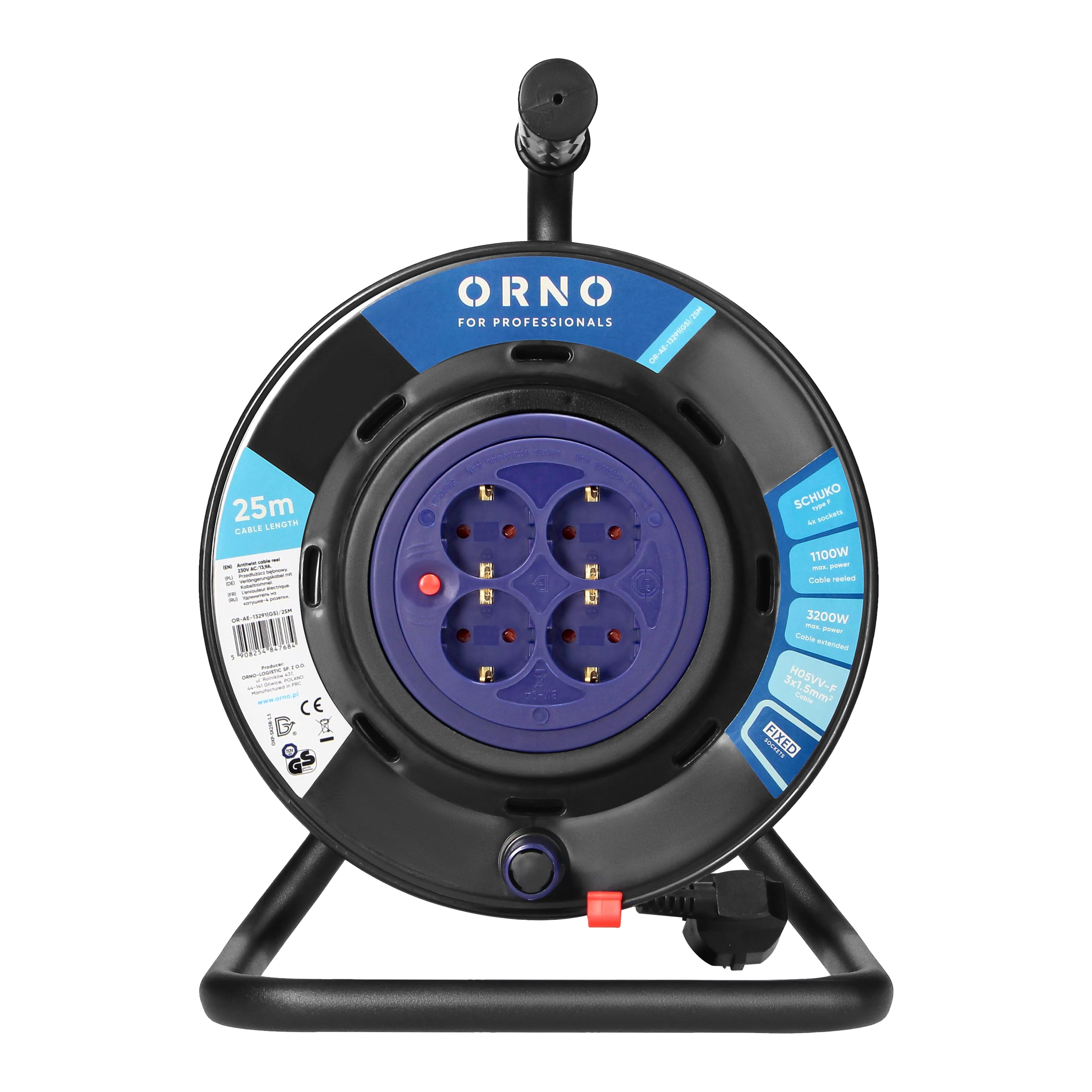 Tambor Alargador Enchufe | Enrollador de Cable con 4 Tomas Schuko 2P+T | Cable PVC H05VV-F 3G1,5mm² | Disyuntor Térmico y Cortacircuitos | IP20 Interior (25 metros)