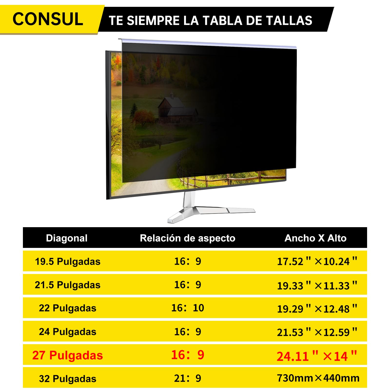 Filtro de Privacidad Colgante para Monitor de 27 Pulgadas (16:9) - Privacidad Avanzada, Anti-Luz Azul, Fácil Instalación, Reduce Reflejos y Fatiga Ocular, Compatible con Monitor Multimarca