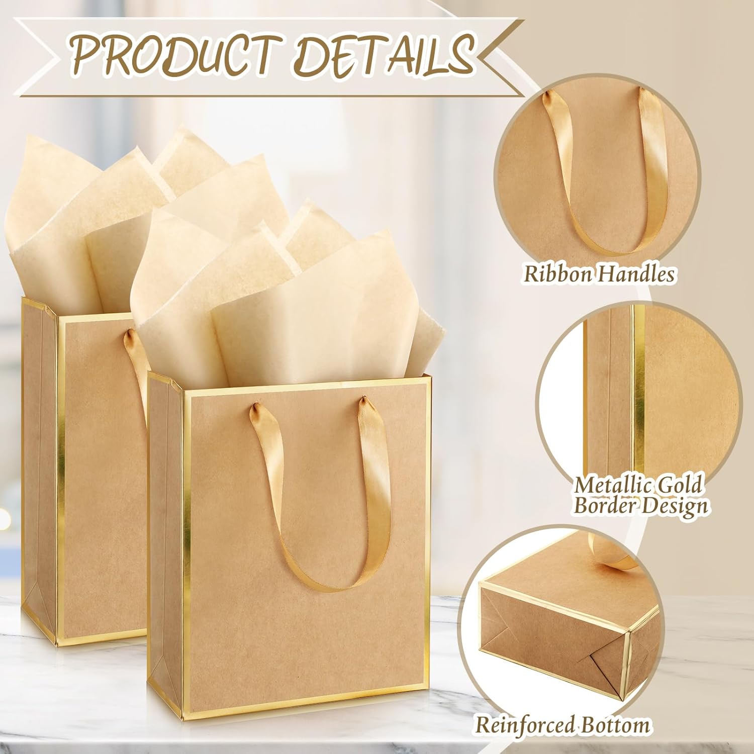 Yeaqee 50 Pack Metallic Gift Bags with Handle and Tissue Paper Gold Foil Thank You Bag for Valentine Wedding 5 Groomsmen Bridal 5 Senses Gifts Holiday Party Favors 9x7x3.15''(Kraft) - Image 3