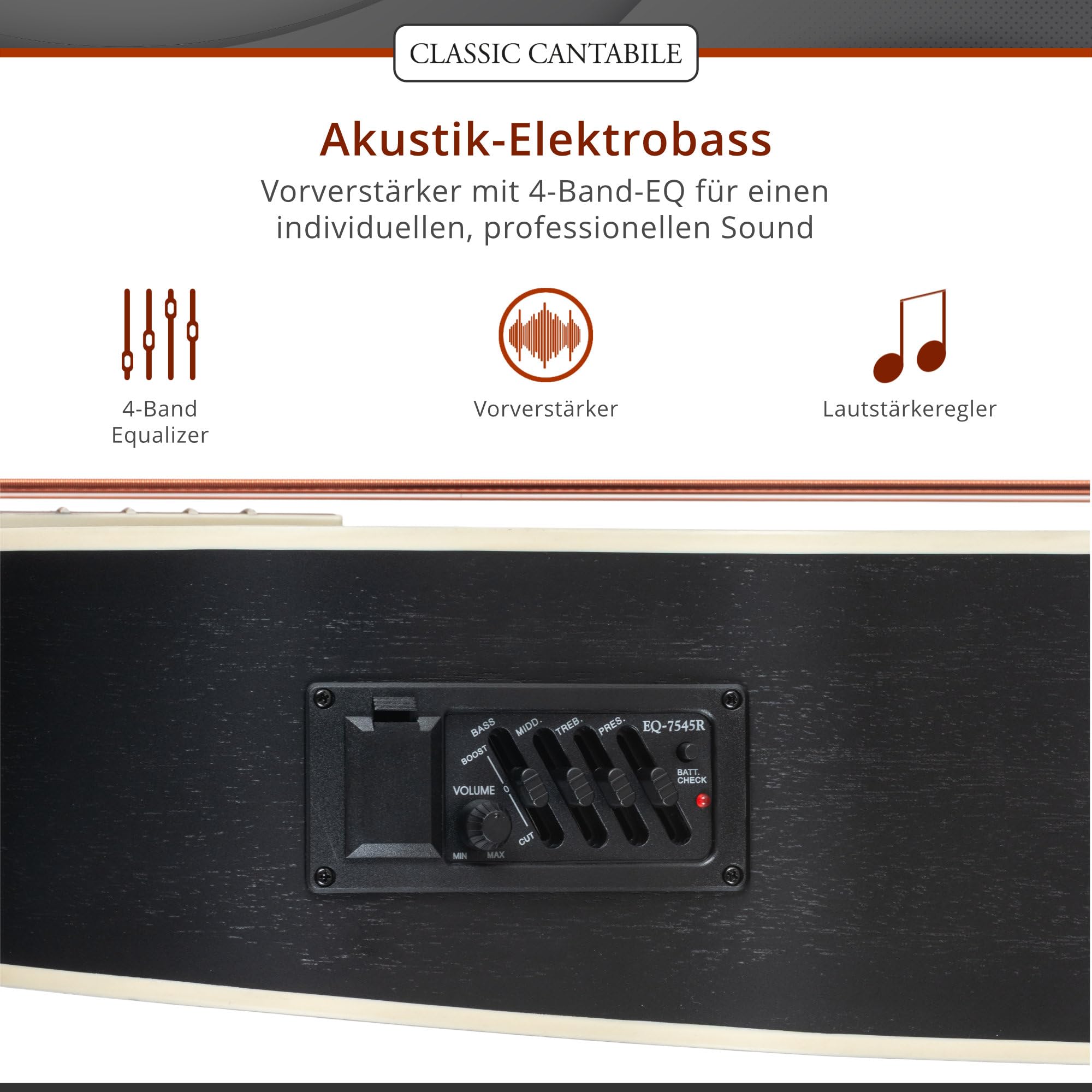 Classic Cantabile Jumbo Akustik Bass mit Tonabnehmer - 4 Saitige Bassgitarre - Jumbo mit Cutaway - Fichtendecke, Mahagoni-Korpus, Mahagoni-Hals, Palisander-Griffbrett - Farbe & Finish in Schwarz Matt