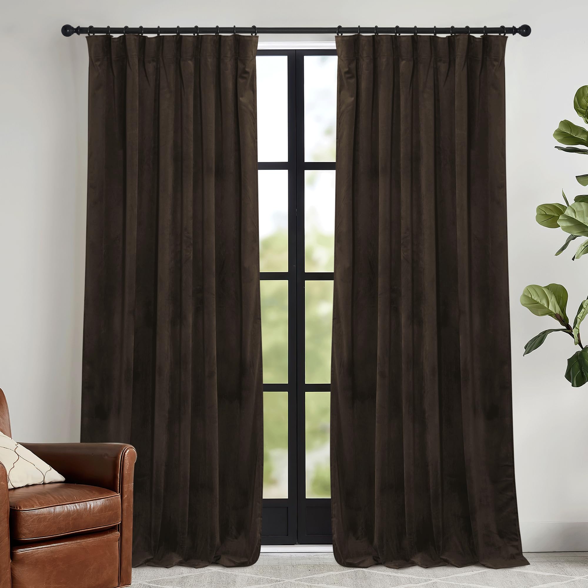 RYB HOME Brown Velvet Curtains 102 inches with Hook Belt, Soft Fabric Room Darkening Thermal Insulated Luxurious Home Decor Curtains for Living Room