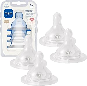 MAM Baby Bottle Anti-Colic Fast Flow Nipples, Fits All MAM Bottles, 4 Pack | Size 3, From 4+ Months, Skin Soft BPA Free Silicone, 94% Nipple Acceptance, Developed with Medical Experts, Made in Europe