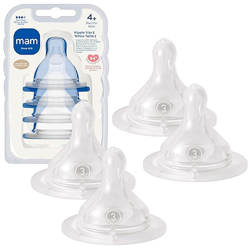 MAM Baby Bottle Nipples Fast Flow Size 3, for 4+ Month Newborn Babies, Skin Soft BPA Free Silicone, 94% Nipple Acceptance, Fits All MAM Bottles, Developed with Medical Experts, 4 Pack, Made in Europe