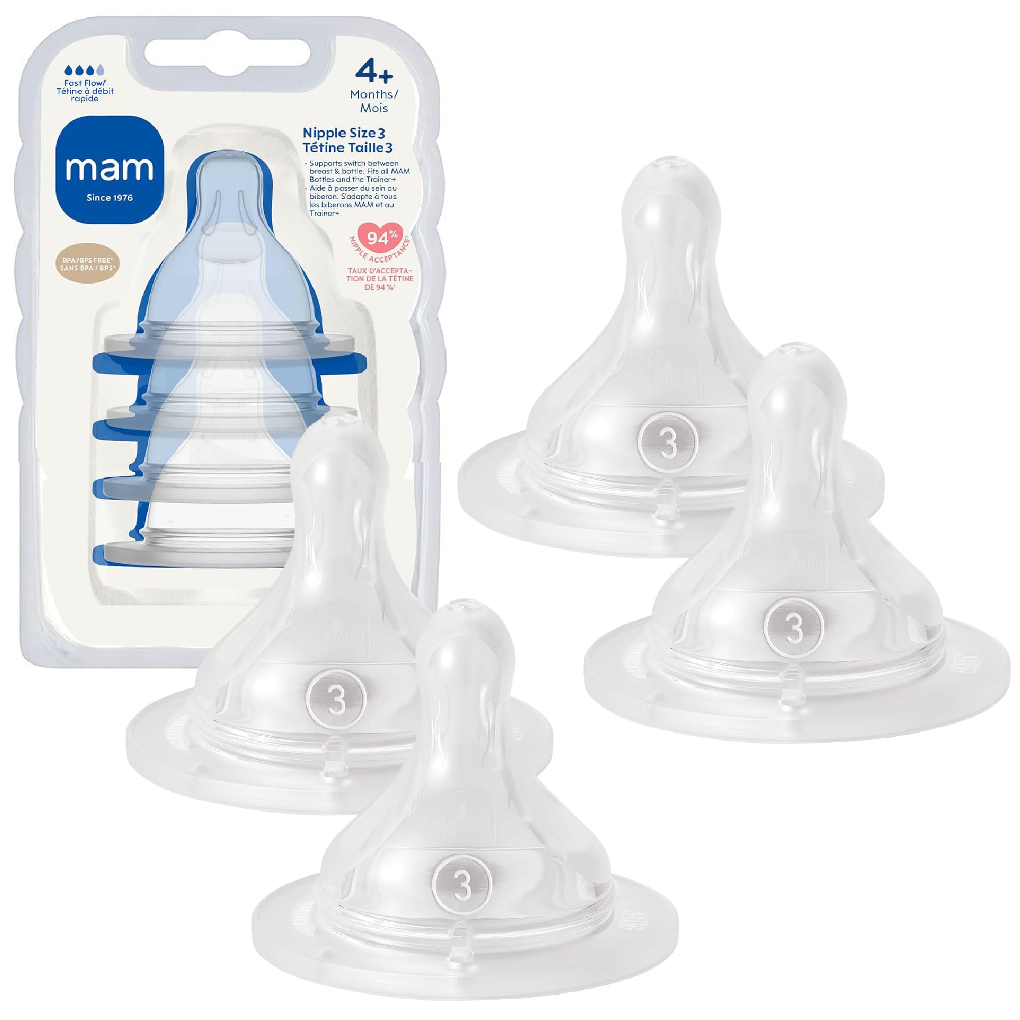 Baby Bottle Nipples Fast Flow Size 3, for 4+ Month Newborn Babies, Skin Soft BPA Free Silicone, 94% Nipple Acceptance, Fits All MAM Bottles, Developed with Medical Experts, 4 Pack, Made in Europe