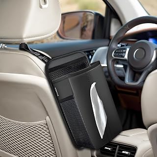 Car Tissue Holder for Kleenex 120/160 Count,Rectangular Car Storage Box, Side Mount Organizer with 3 Mesh Pockets, Hanging Bag, Waterproof PU Leather, for Front and Back Seat