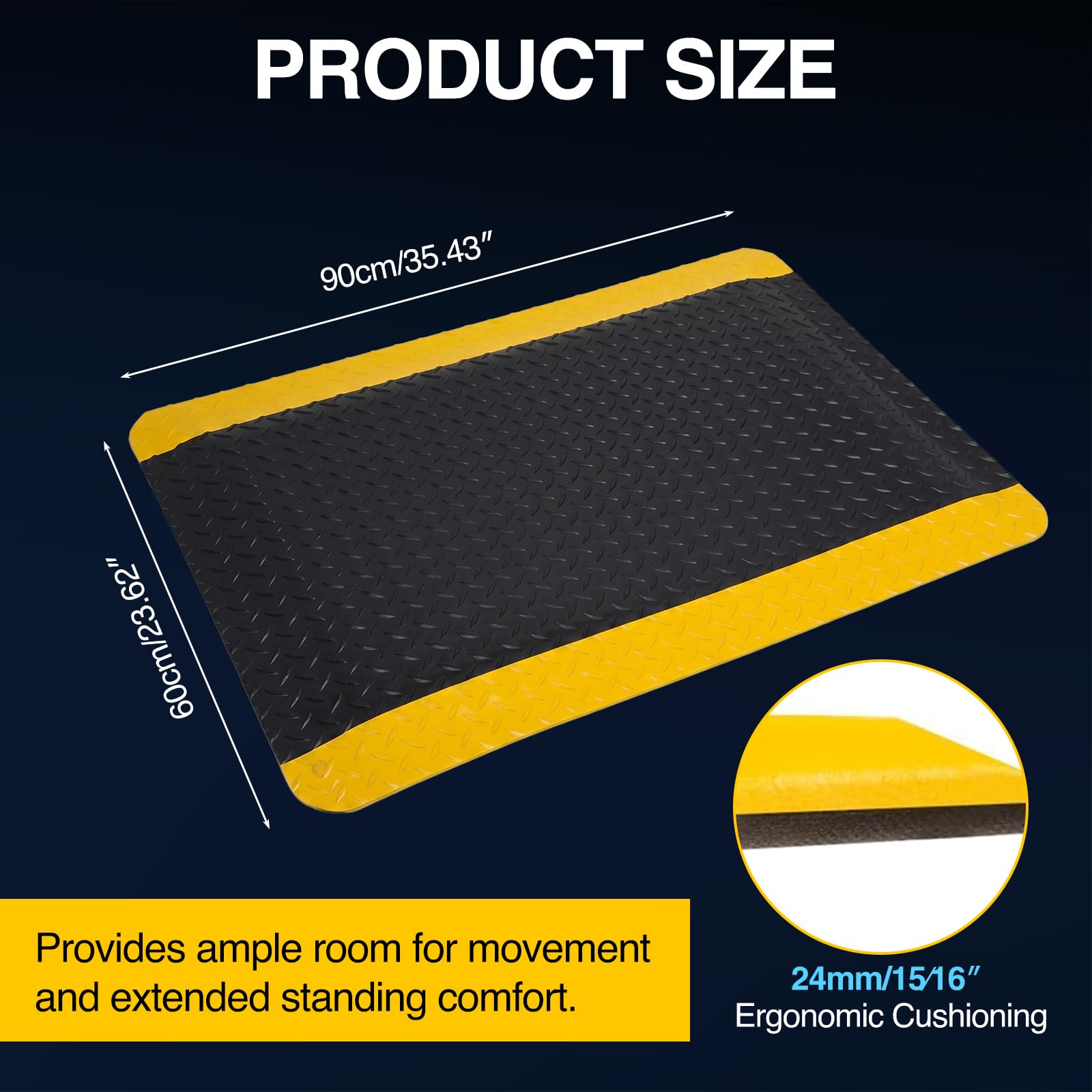 90 x 60cm Anti Ermüdungsmatte, 24mm Ermüdungshemmende Arbeitsmatte, antistatische Industriematte, rutschfeste PVC-Oberfläche&Gummiboden ergonomische Stehmatte für Werkstatt, Lager