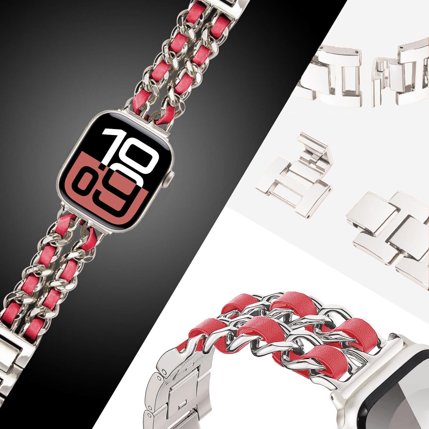 Bands Compatible with Apple Watch 49mm 46mm 42mm 45mm 41mm 44mm 40mm 42mm, Metal with Leather Chain Replacement Strap for iWatch Series 10/9 / 8/7 / 6/5 / 4/3 / SE/Ultra Women Men - Image 3