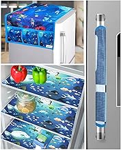 Grisha Home Fridge Top Cover Combo Set of 5 – Includes 1 Top Cover, 1 Handle Covers, 3 Waterproof Mats with Blue Fish Print for Home & Kitchen Use- (Set of 5 Piece, Blue Fish Design)