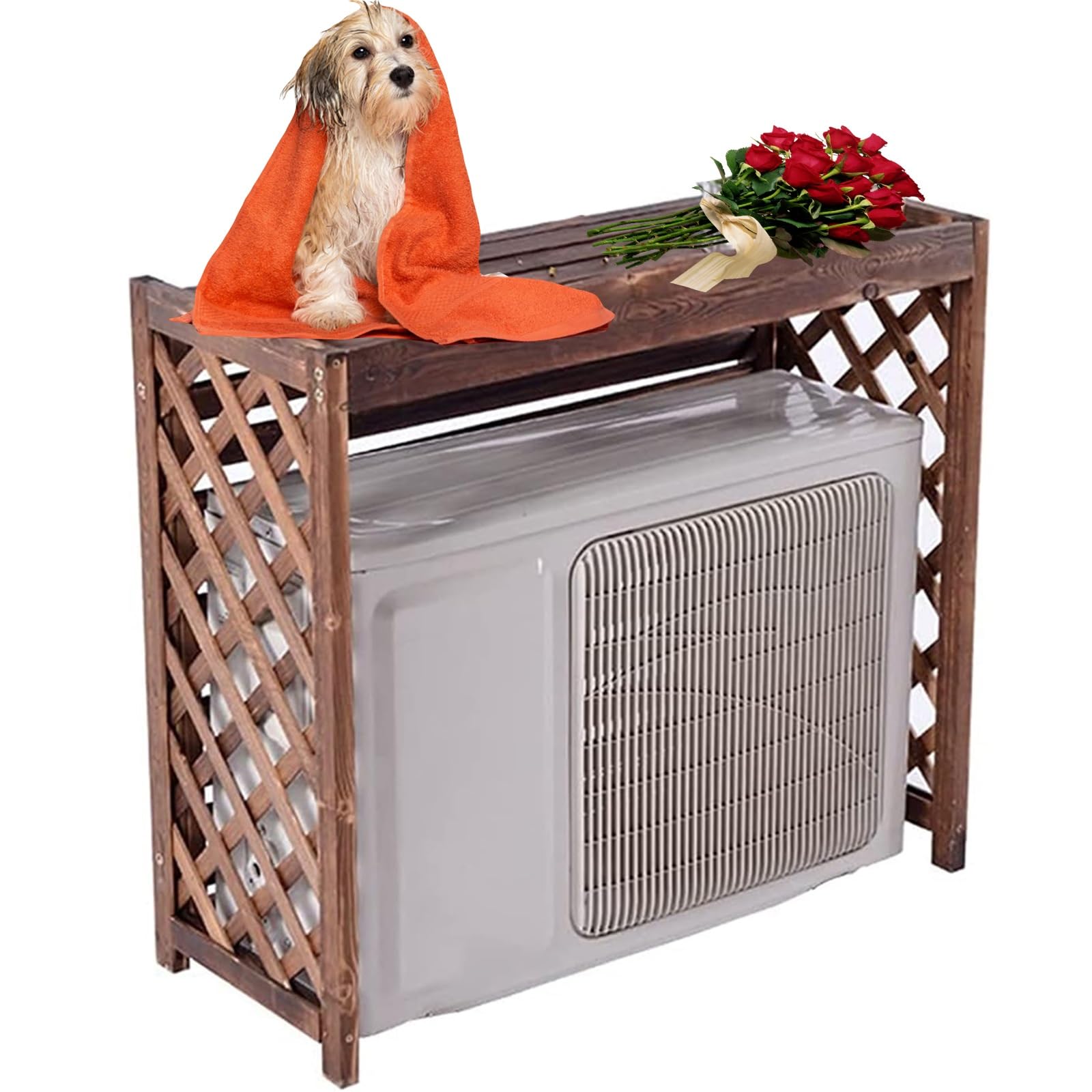 Holz Blumenständer Box Air Klima Abdeckung - Schallschutzhaube Wärmepumpe Schutzgitter - Verkleidung Klimaanlage Außengerät Sichtschutz Zäune(Brown,L96cm*W40cm*H89cm)