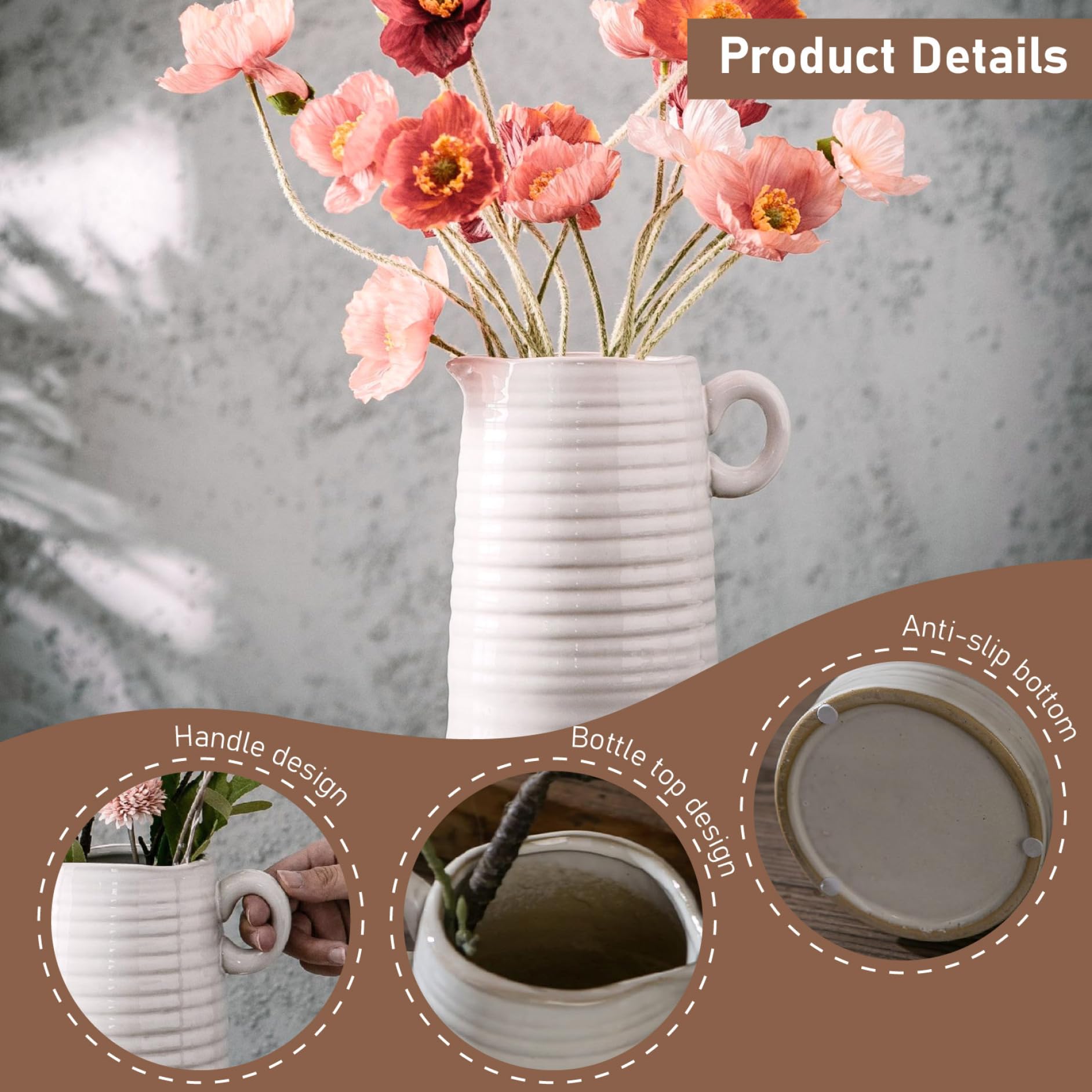 Vaso in ceramica bianca, vaso da 8 brocche alte con manico Brocca per il latte decorativa in ceramica strutturata moderna rustica stile rustico stile rustico per tavolo da pranzo Fiori.