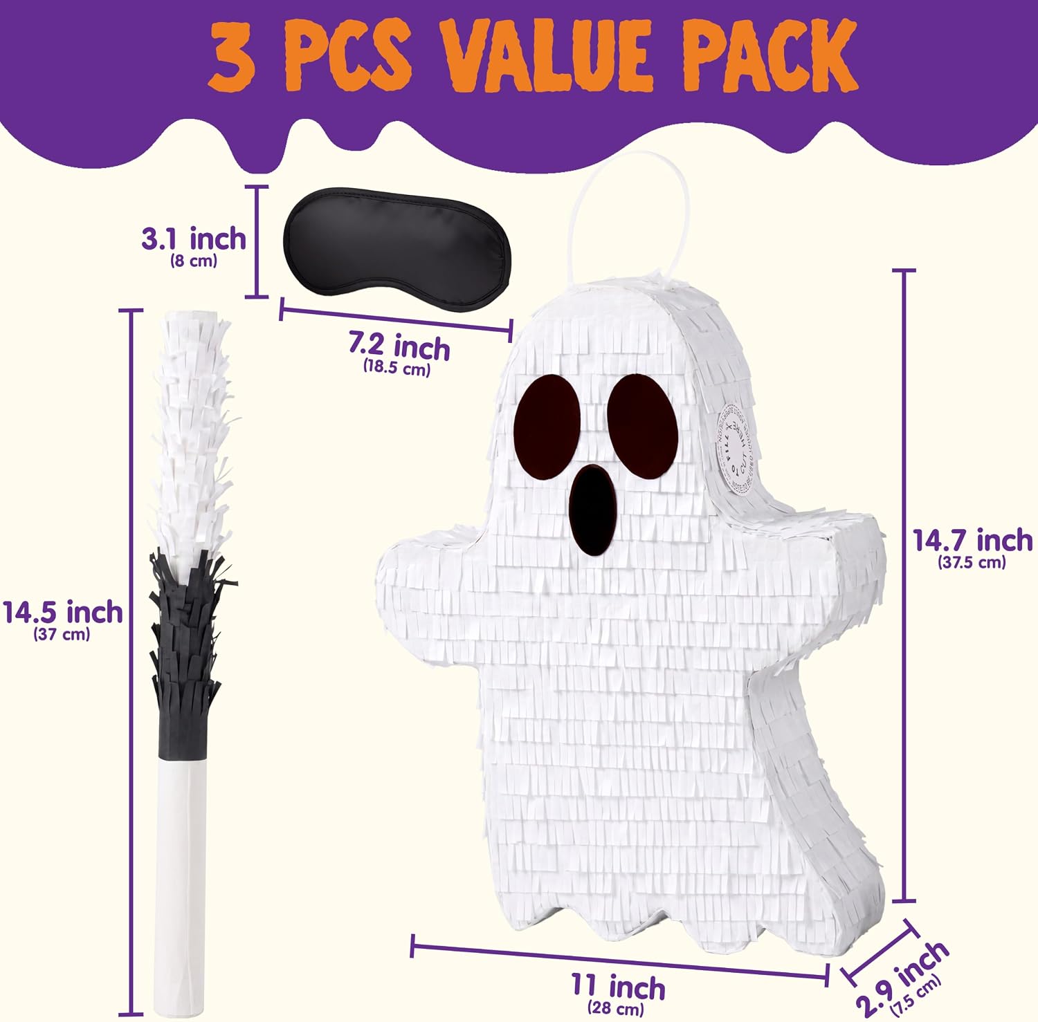 JOYIN Ghost Pinata, 11 x 14.7 Inch Spooky Pinata with Stick and Blindfold, Fillable Candy Holder for Kids Party Games, Birthday Parties, Trick or Treat Decorations image 3