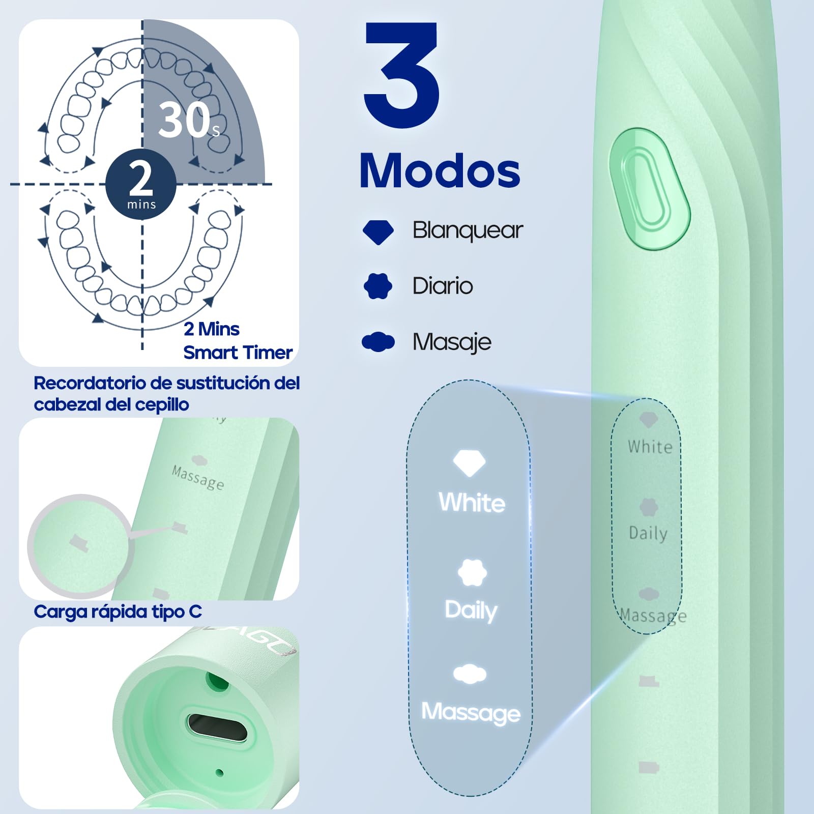 seago cepillo de dientes eléctrico sónico adultos, cepillo electrico con 10 cabezales y diseño ergonómico científico. temporizador, estuche y 60 días de utilización para viaje,Verde