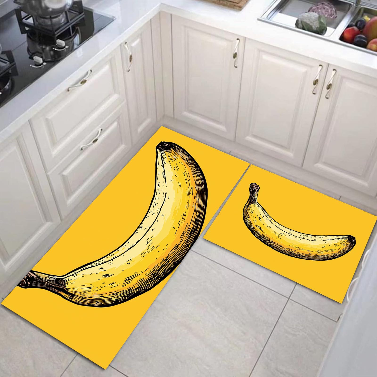 Set di 2 Tappetini da Cucina Antiscivolo Banana Gialla, Set di Tappetini da Cucina Lavabili per Ufficio, Camera da Letto, Corridoio, Sala da Pranzo Giallo 43x75cm+43x150cm