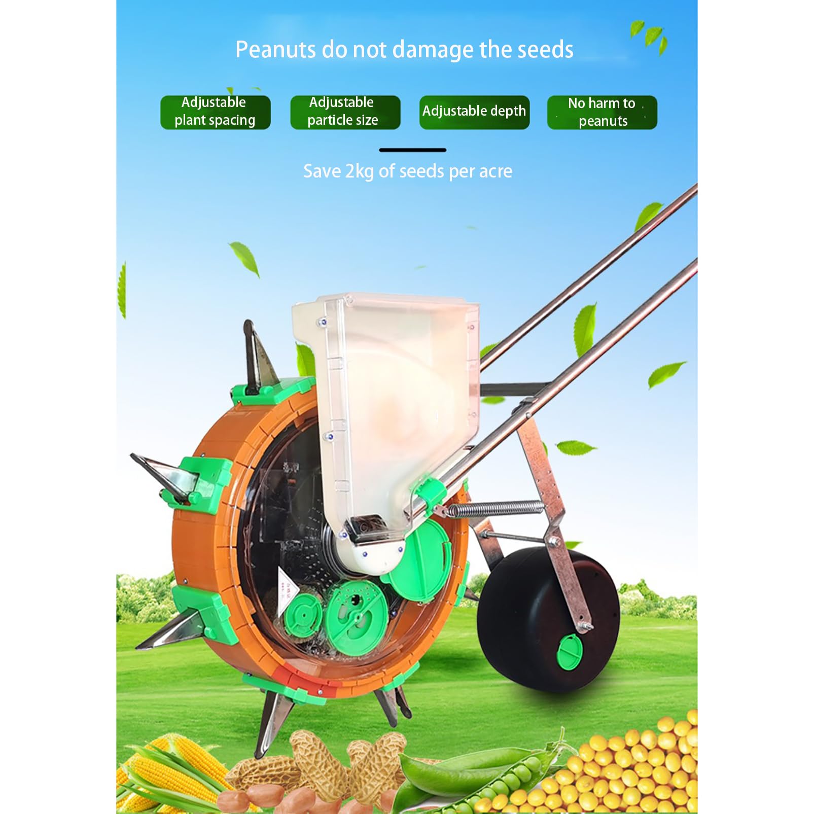 Sembradora de hortalizas a Empuje, sembradora de una hilera, sembradora Manual de césped para jardín, Profundidad Ajustable para maíz, Frijoles, algodón y maní, 7 Bocas
