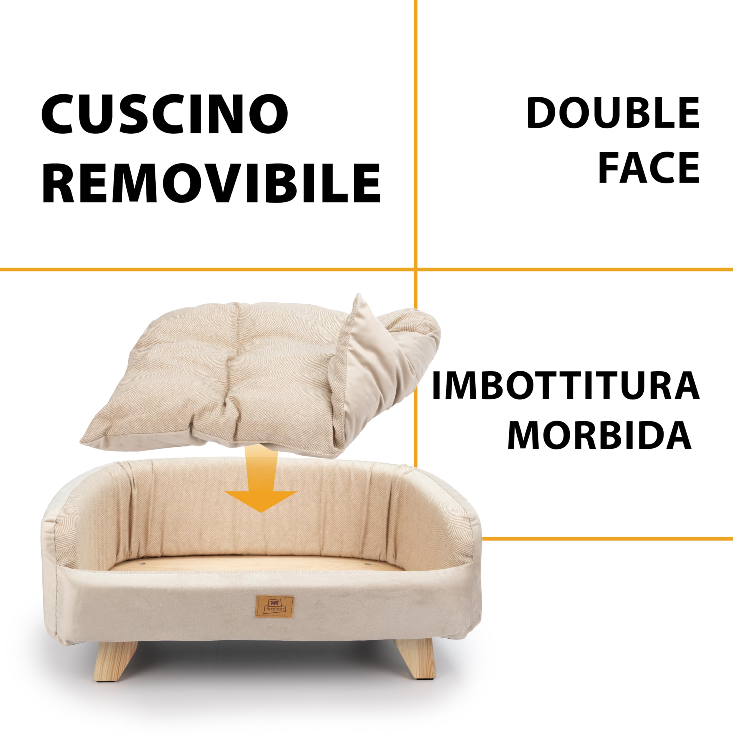 Ferplast Cuccia Cani e Gatti in Legno Certificato FSC® con Cuscino Morbido, Stile, Comfort e Durevolezza, 62 x 45 x h 26 cm.