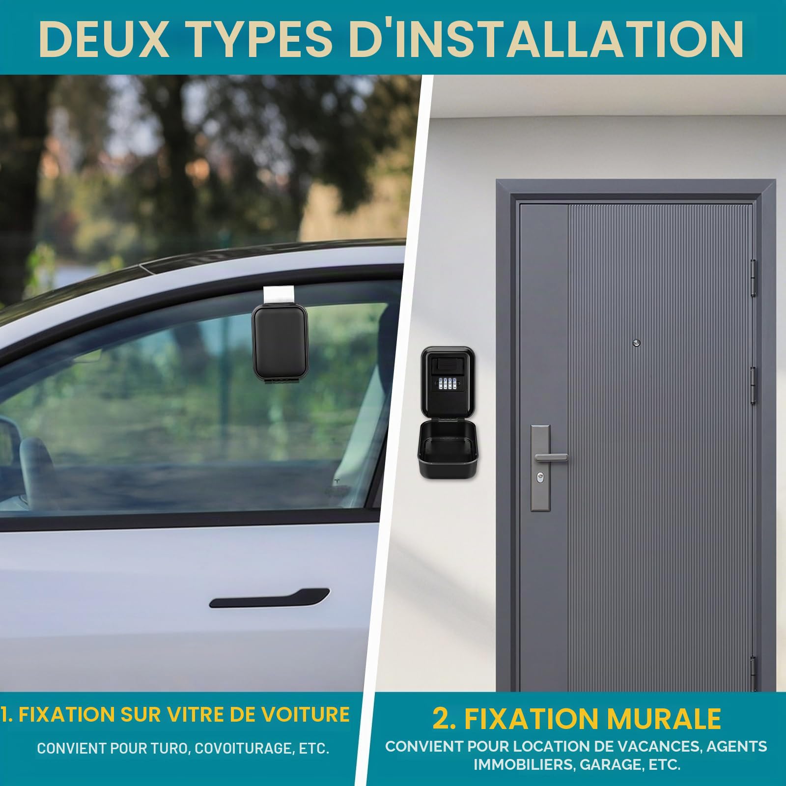 BKNOOU Boîte de verrouillage de clé de voiture, boîte de verrouillage de fenêtre de voiture pour Turo, boîte de verrouillage de voiture robuste et étanche, boîte à clés de fenêtre de véhicule pour