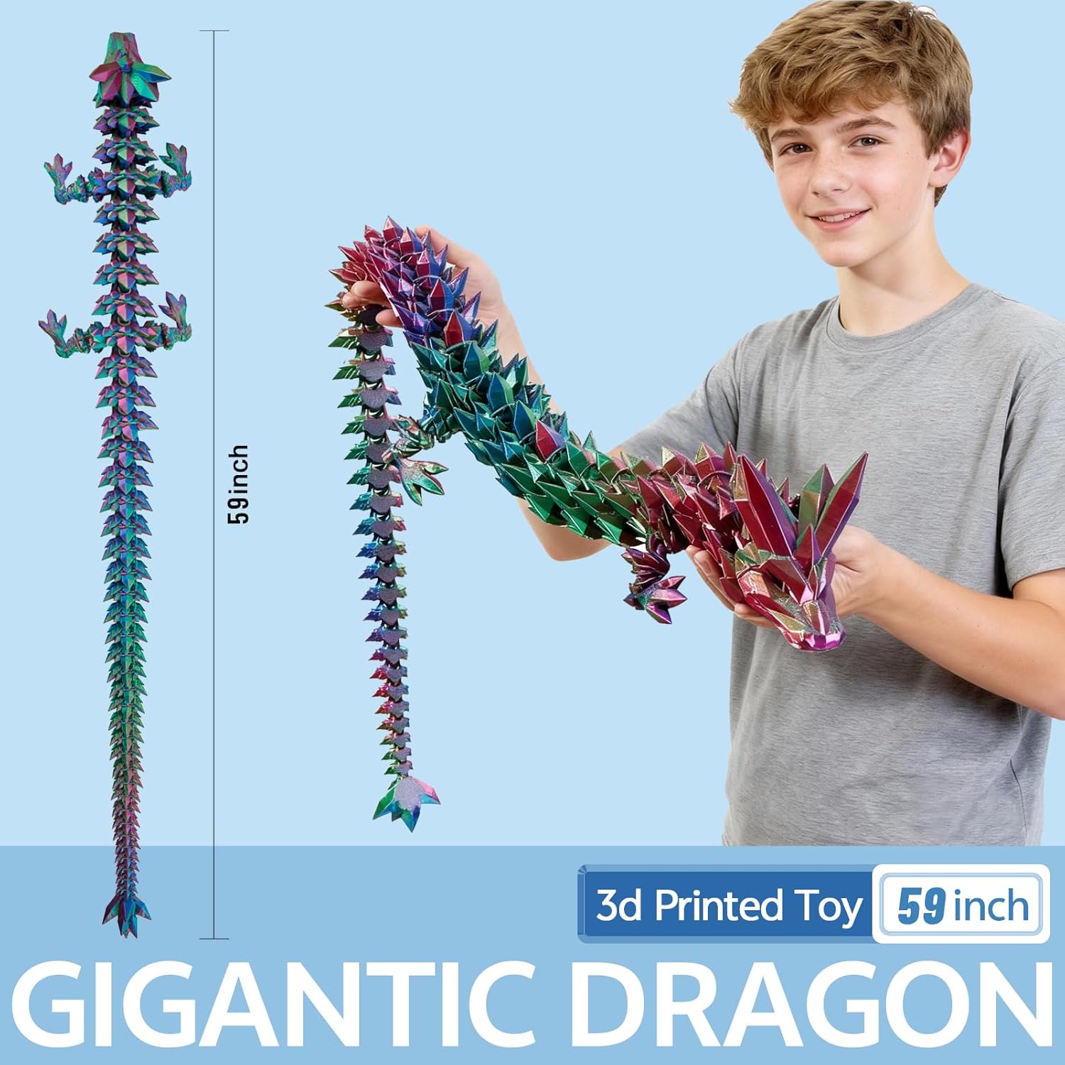 59 ”3D Printed Dragon Large 3D Dragon--Bigger Fidget Toy Gift for Kids, Boys, Girls & Adults,Cool Giant Crystal 3-D Printed Animals Desk Decor，easter basket essentials（59in blue green purple）