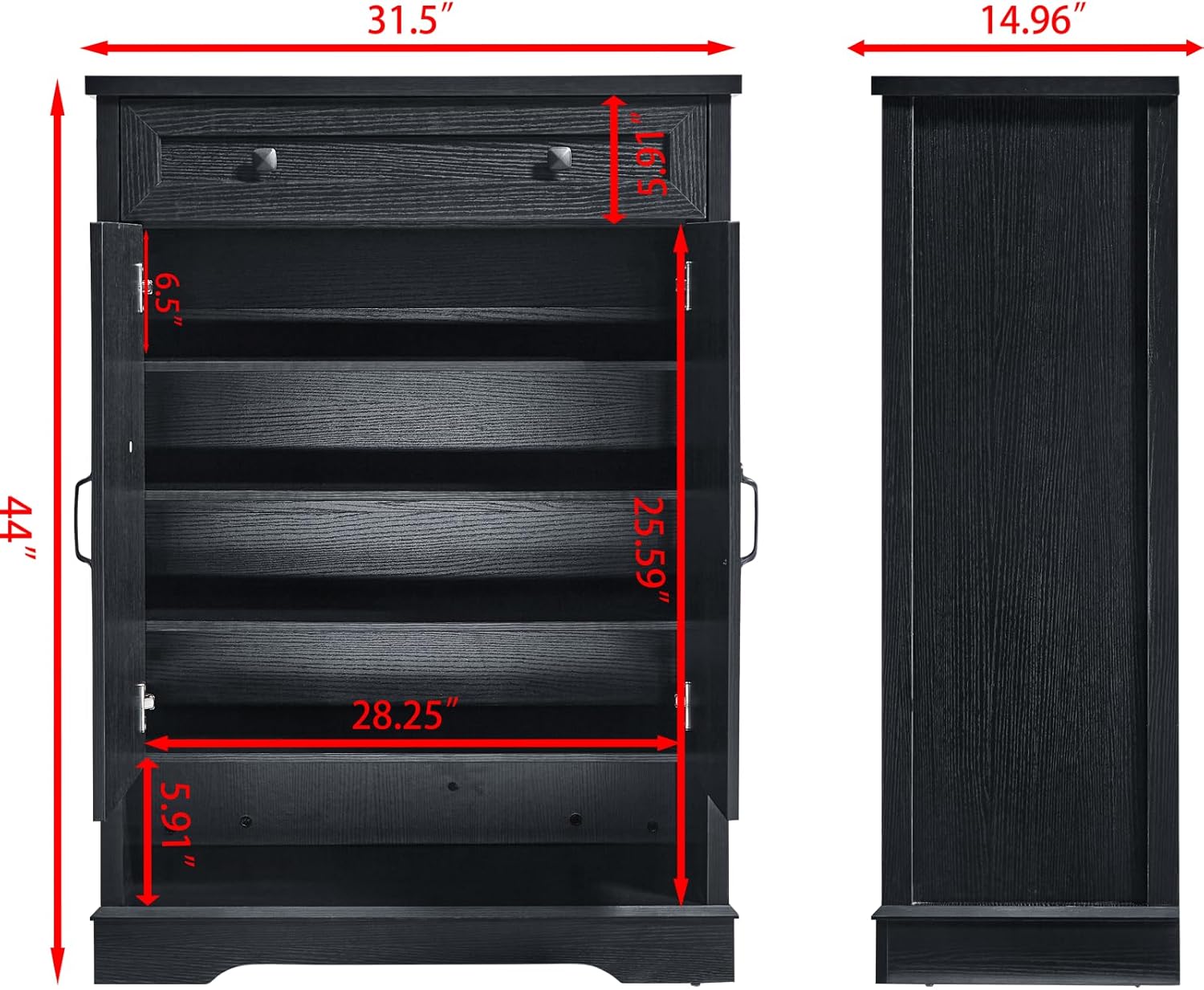 Diagram showing the dimensions of the SOOWERY Shoe Cabinet: 31.5 inches width, 14.96 inches depth, and 44 inches height.