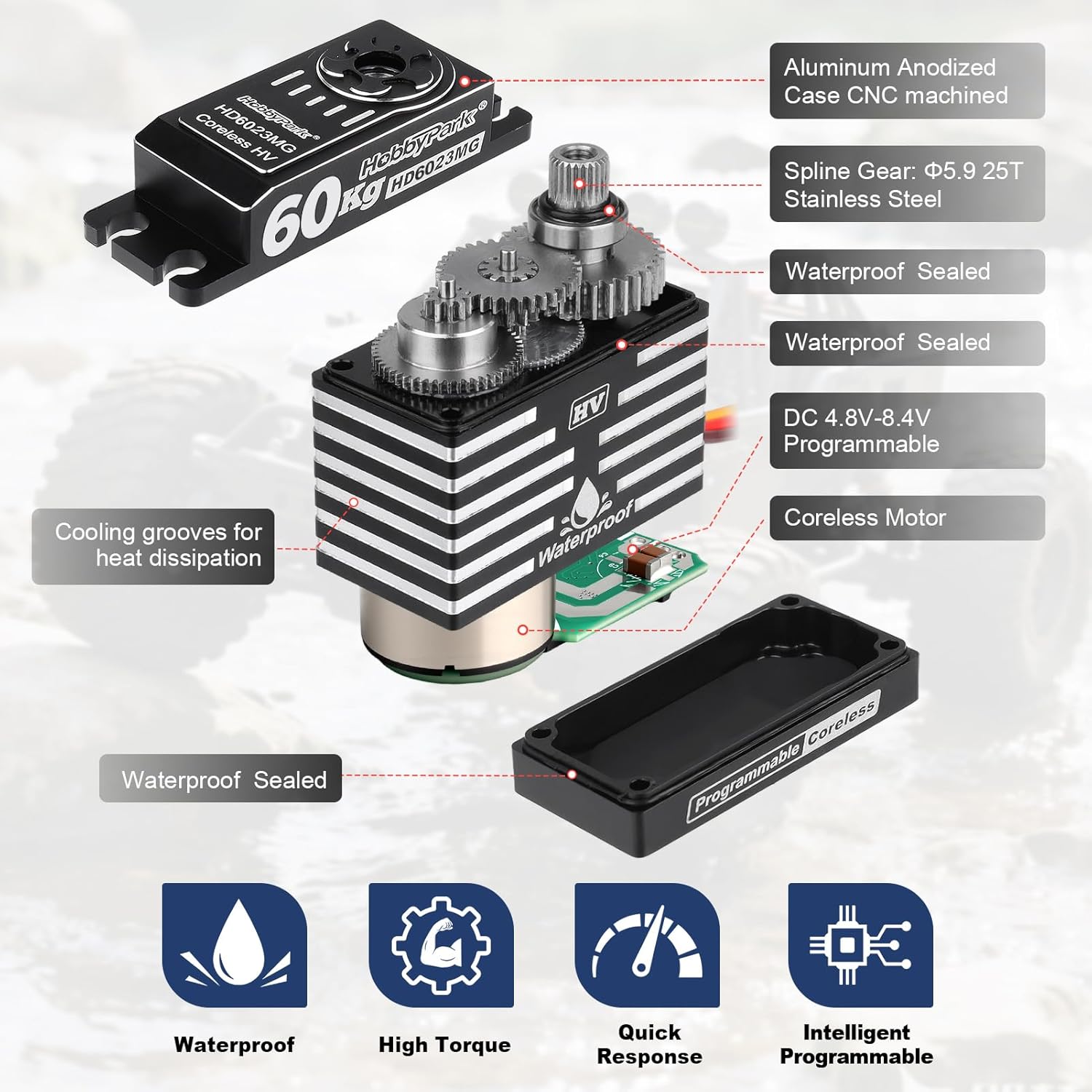 HobbyPark 828oz-in 60kg Servo High Torque Waterproof RC Steering Servo Metal Gears Stainless Steel Aluminum Case for 1/6 1/7 1/8 1/10 RC Crawler Car Truck Buggy HV, Powerful & Fast (Coreless Motor)