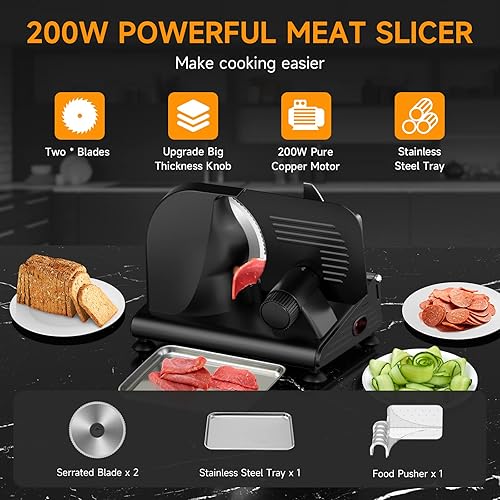 Miniatura 4 de Rebanadora de carne de 200 W con dos cuchillas de 7.5 pulgadas y una bandeja de acero inoxidable para uso doméstico, cortador eléctrico de alimentos