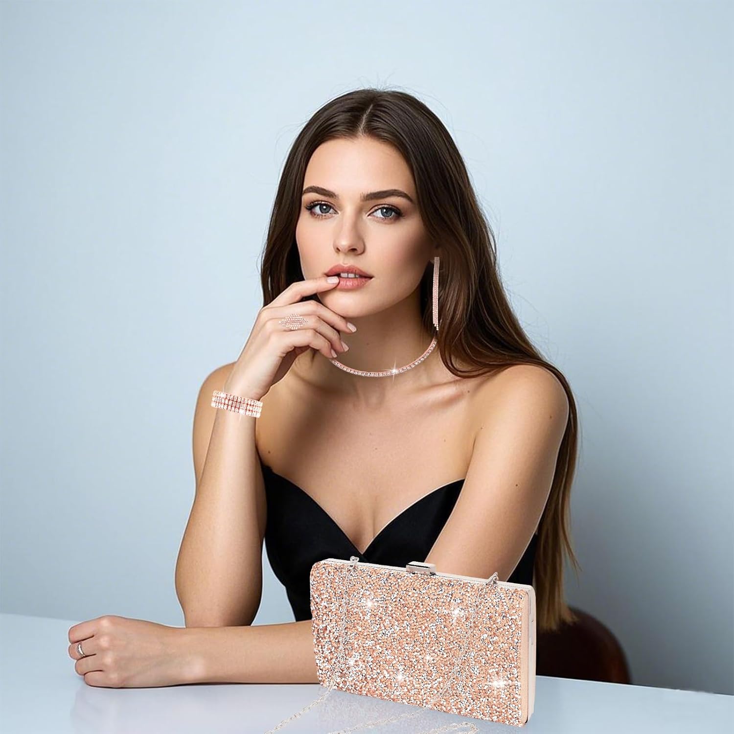 Wecoe 5pcs/set Jewelry Purse Set For Women Handbags Clutch Rhinestone Diamond Necklaces Bracelets Earrings Ring Set Wedding Bridal Prom Homecoming Costume Jewelry Formal Evening Bag Accessories - Image 2