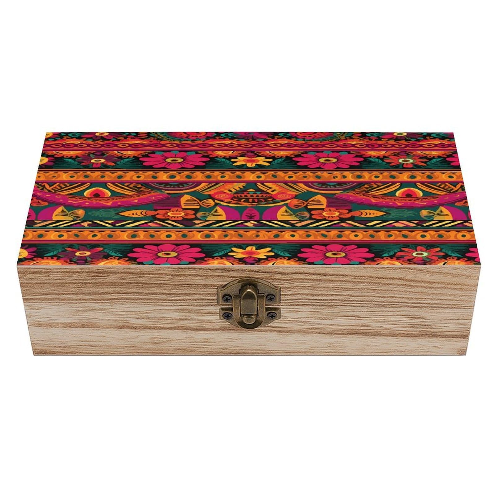 VstaDank Mexican Folk Art Boho Wooden Box with Hinged Lid Handmade Wooden Jewelry Boxs Organizer Personalized Woodens Keepsake Box for Pictures Wedding Photo Jewelry Decorative Chest Rustic Crate