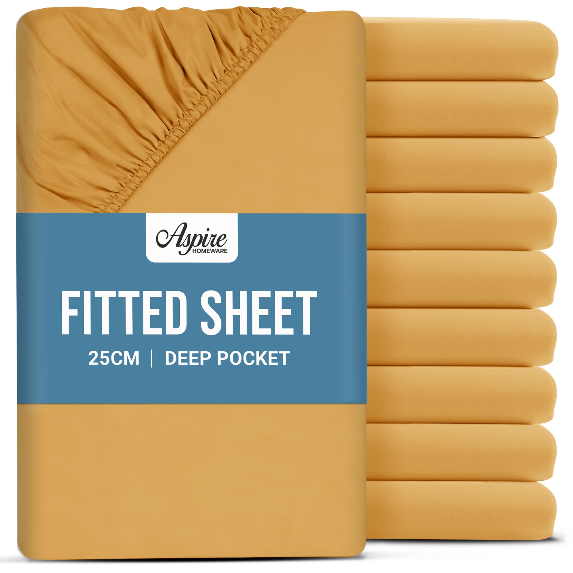 Aspire Homeware King Size Fitted Sheets 10 Pack - 25 cm Deep Hotel Quality (Ochre) Bed Sheets - Soft & Breathable Fitted Sheets King Size - Anti-Wrinkle Easy Care Fitted Sheet