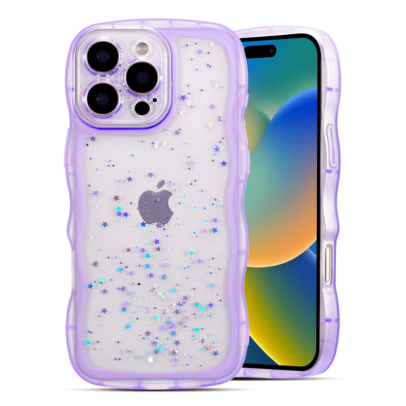 QLTYPRI Compatible with iPhone 16 Pro Max Case,Cute Curly Wave Frame Clear Glitter Case for Girls Women Sparkle Bling Soft TPU Bumper Transparent Shockproof Phone Cover for iPhone 16 Pro Max-Purple