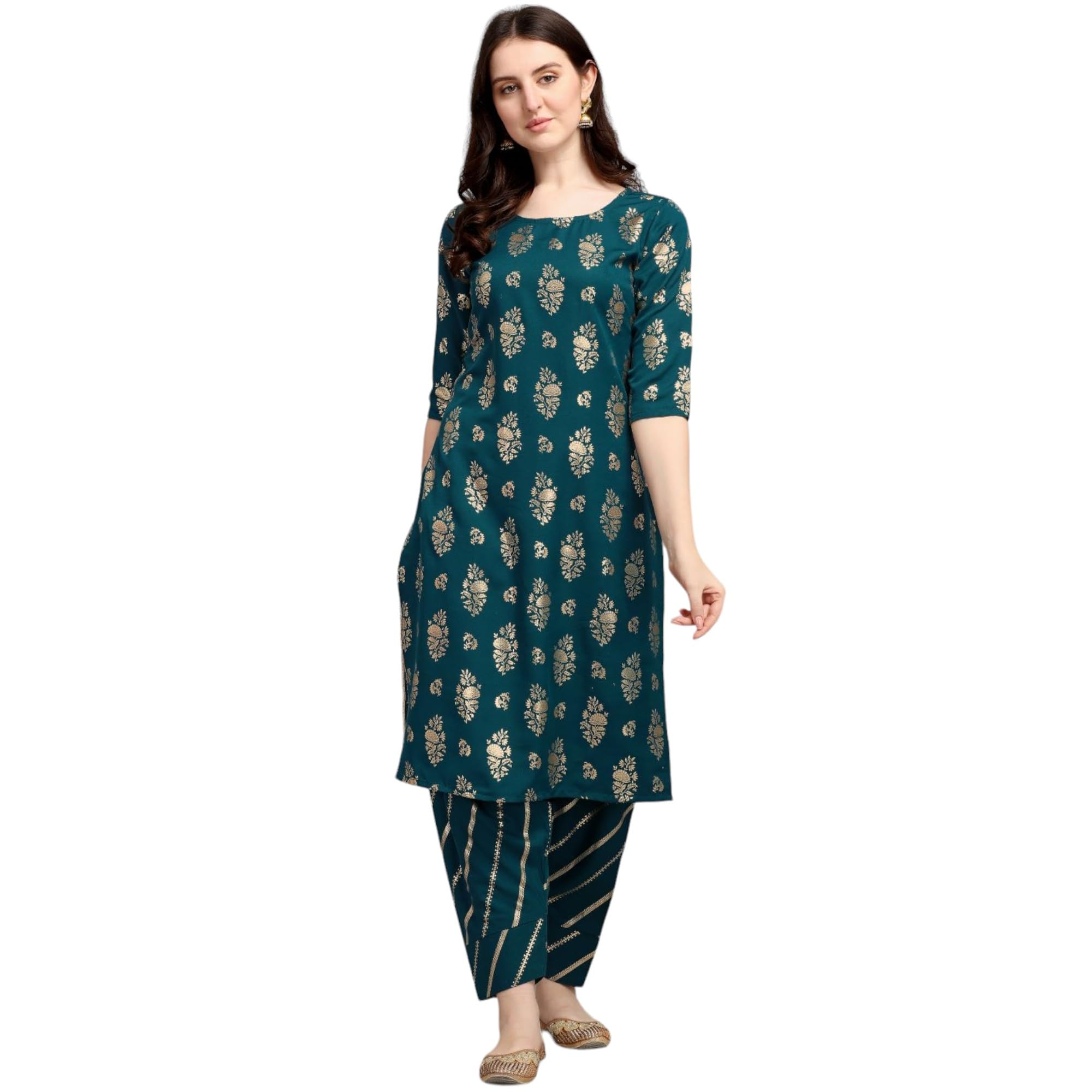 Gufrina Women's Rayon Straight Kurta & Dhoti Pant With Round Neck 3/4Th Sleeves Solid Pattern Calf Length A Line Style And Regular Fit