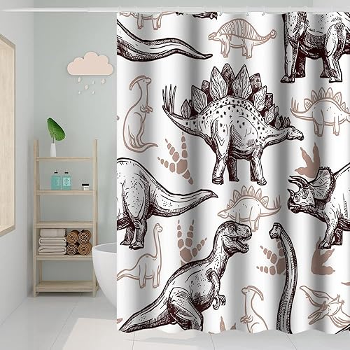 Miniatura 70 de Cortina de ducha de baño con temática de dinosaurio, cortina de ducha de hojas tropicales de dinosaurio verde con ganchos, cortina de ducha de tela
