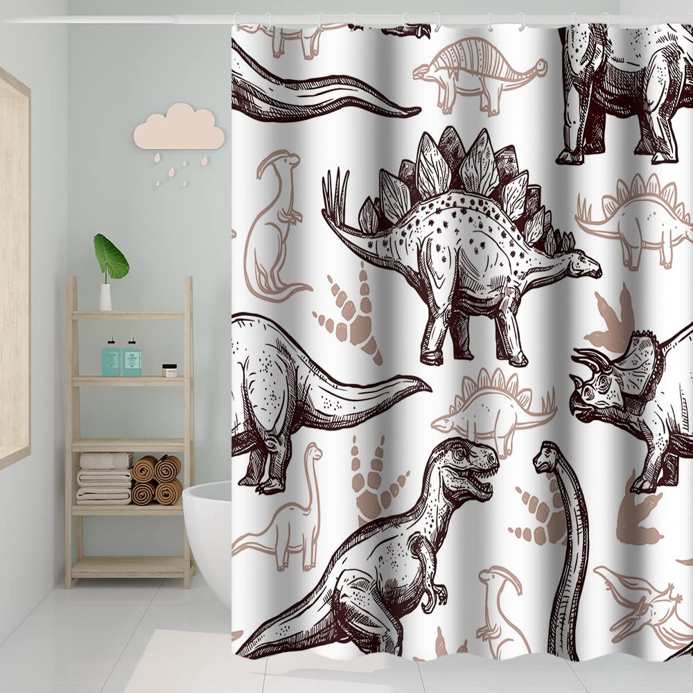 Dinozaur Świat Łazienka Zasłona Prysznicowa Różne Dinozaury Szkic Wzór Tan z Haczykami Tkanina Poliester Dla Dzieci Chłopców Kąpiel Dekoracyjna, 180 x 198 cm, (180x198YTS00795-Q)