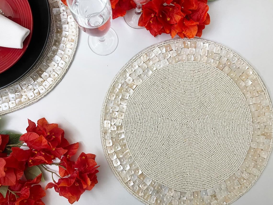 Enliven Manteles individuales hechos a mano con cuentas, decoración de mesa de sala de estar, mantel de mesa, perla blanca | Juego de 2
