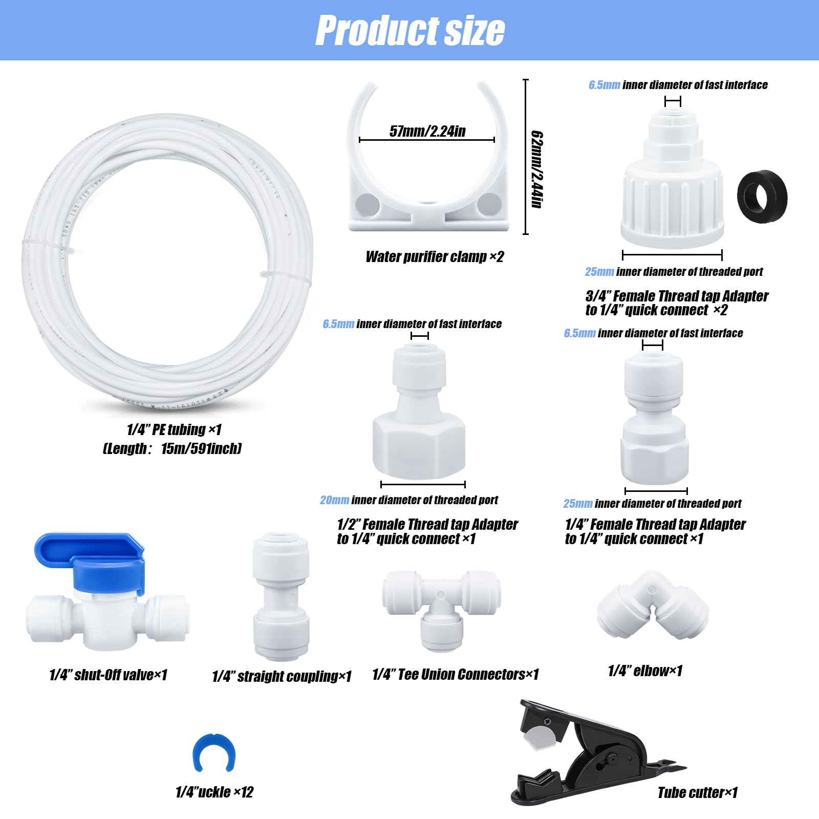 Juego de conexión universal con abrazadera para manguera y filtro de agua, manguera de 1/4 de 6,35 mm para frigorífico, sistema de ósmosis inversa, agua potable, manguera para frigorífico, cortatubos