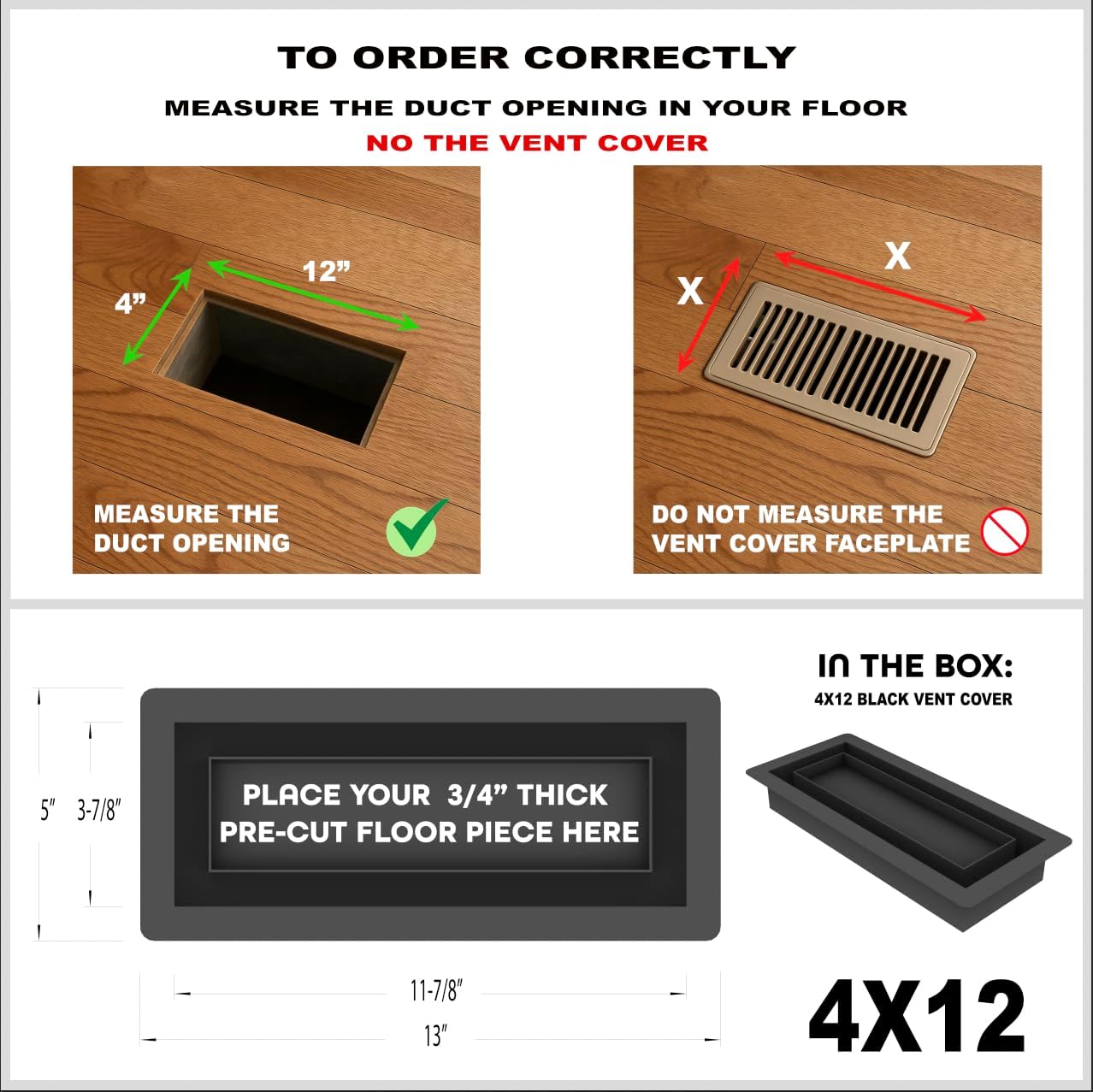 4x12 Inch Floor Register with Tray for Flooring Insert – Heavy-Duty Steel Vent Cover for Floor or Wall – Flush Mount Air Vent – Modern Low-Profile Design – DIY Installation