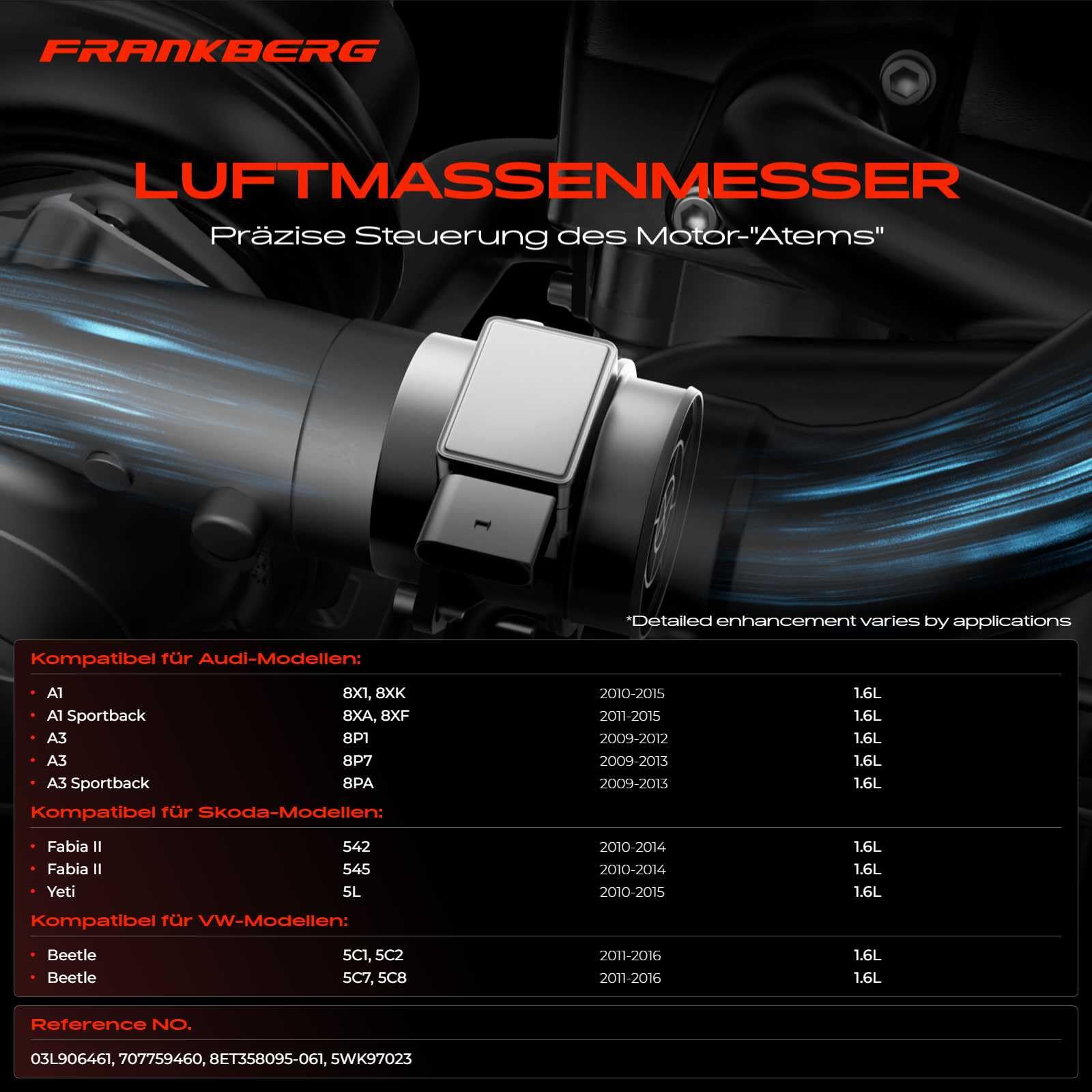 Frankberg Luftmassenmesser mit Gehäuse Kompatibel mit A1 A3 Beetle Caddy Golf VI J-e-t-t-a III/IV P-a-s-s-a-t Variant T-o-u-r-a-n 1.6L 2009-2019