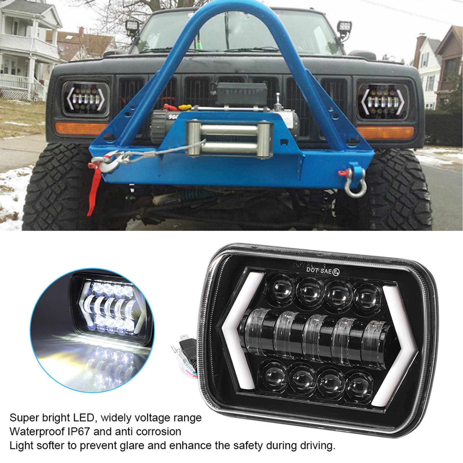 Tbest feux baroud, Phares LED 5x7 pouce Phare LED Carré Lumière Haut/Bas Faisceau Phare Fit pour toute voiture ou camion doté de phares carrés de 5x7 pouces
