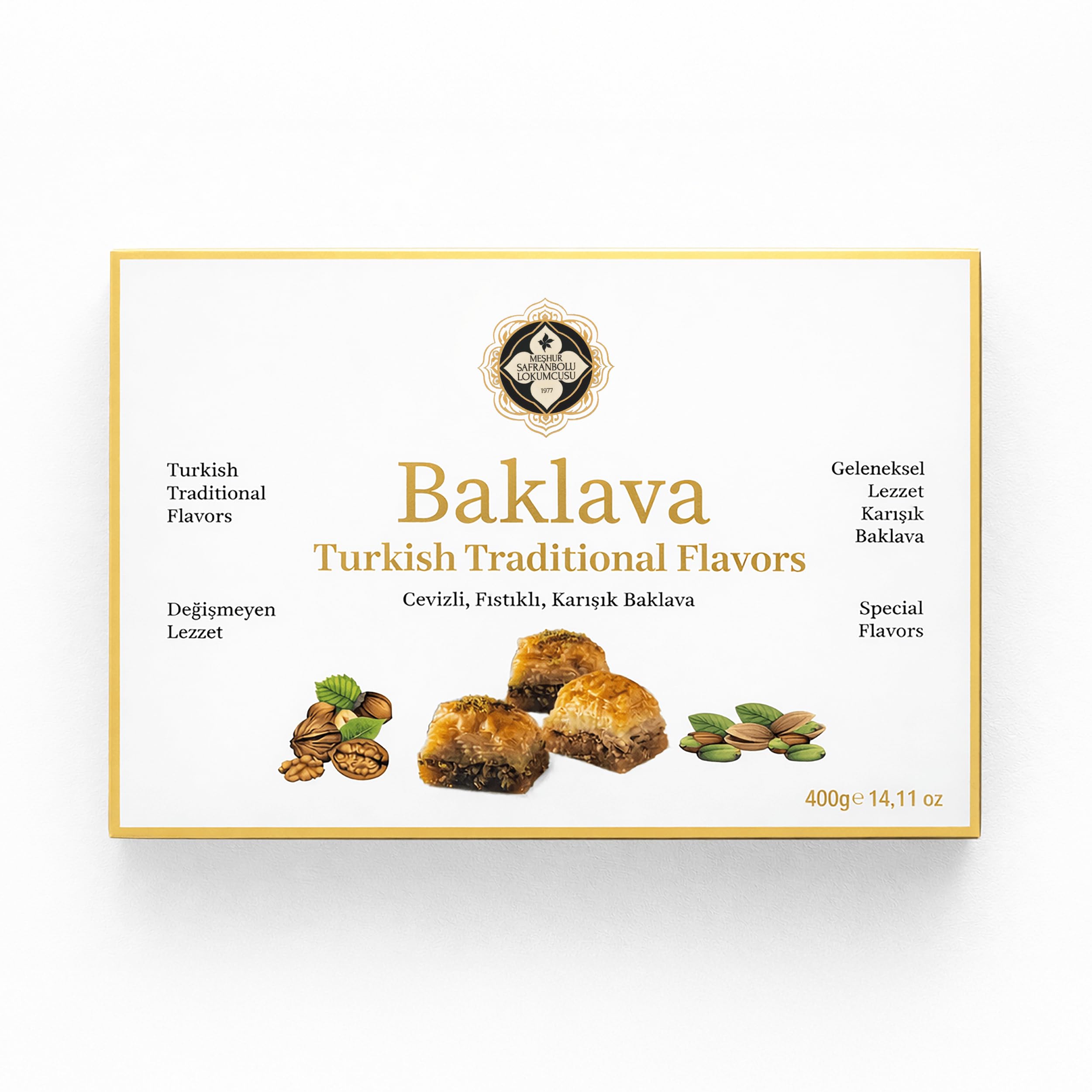 Meşhur Safranbolu Lokumcusu Baklava Turc Assorti 400 g (14,11 oz) – Mélange Noix & Pistache, Coffret Dessert Gourmet Halal