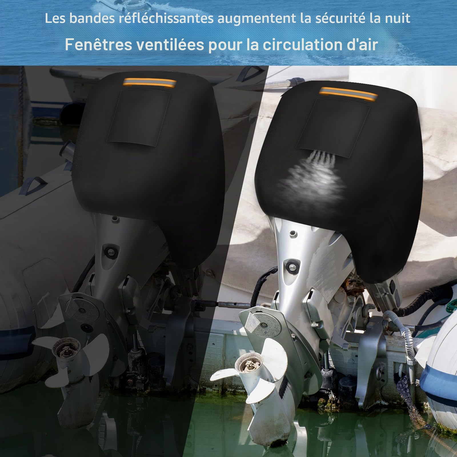 Demi-Couverture de Moteur Hors-Bord de Bateau, Housse de Protection pour Hors-Bord en 600D Oxford Imperméable avec 1 Bande Réfléchissante, 2 Coupe-Vent Boucle et Cordon de Traction Jusqu'à 60-100 HP