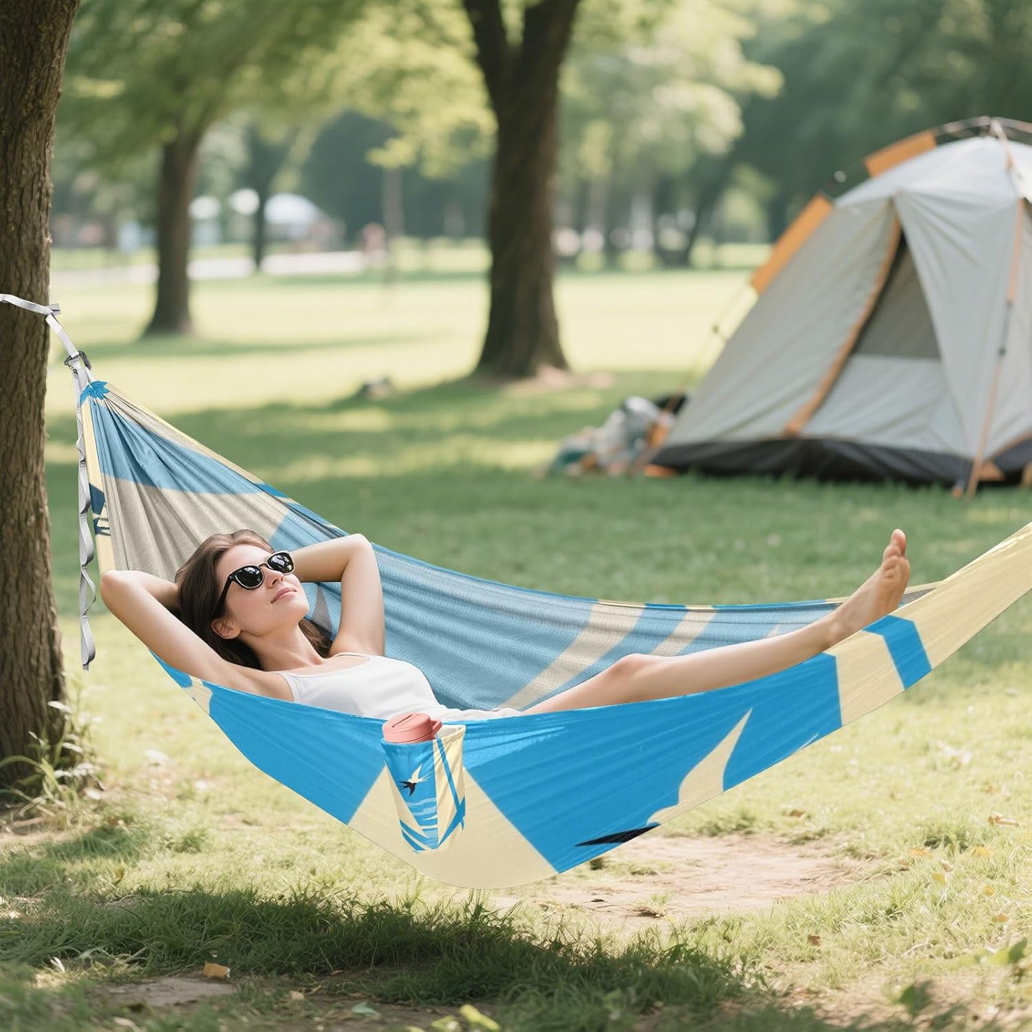 Abstract Art Swallow Blue Beige Outdoor Hammocks Rope Hammock for Camping & Hiking Essential