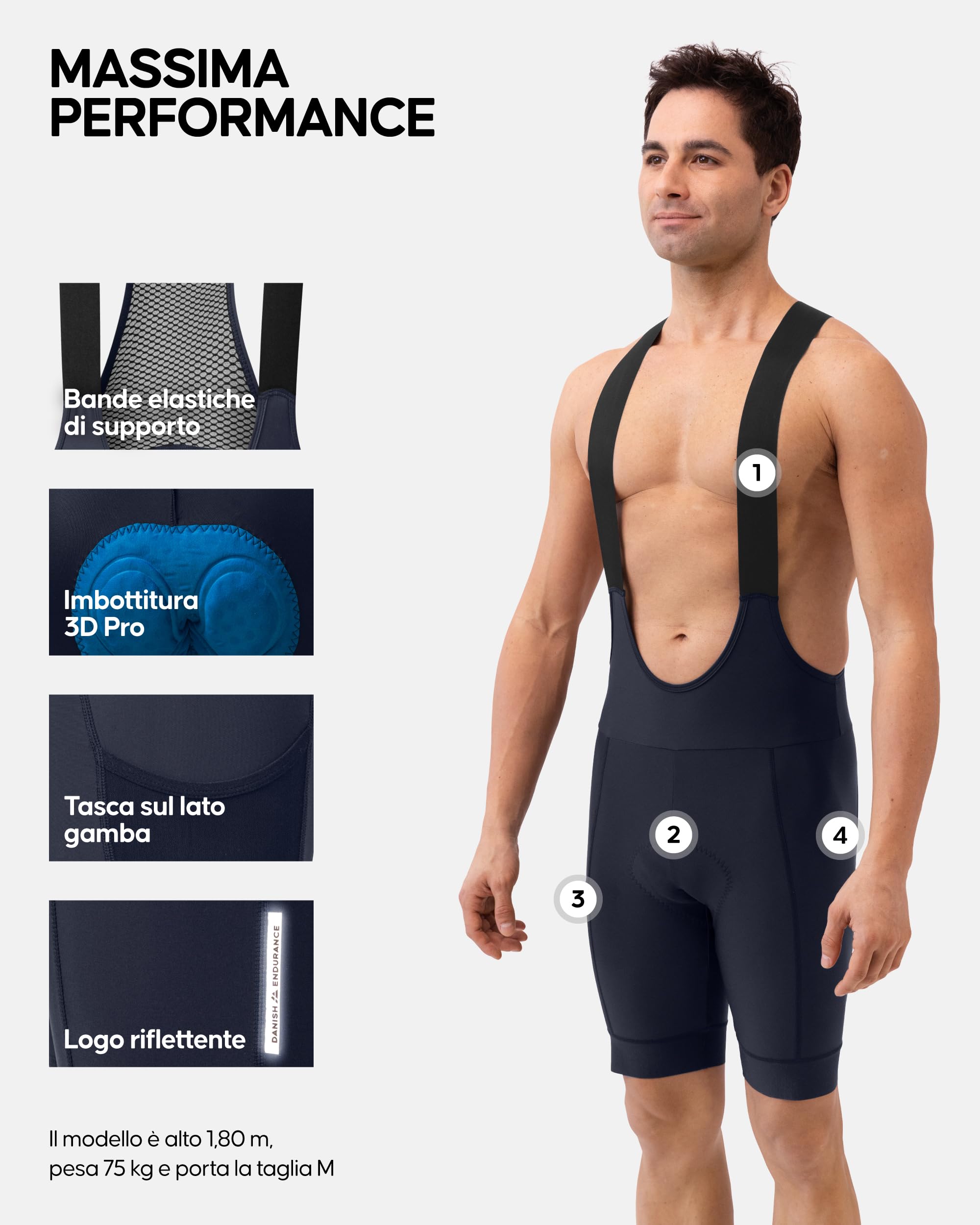 DANISH ENDURANCE Salopette da Ciclismo, Fondello con Imbottitura 3D in Camoscio, Pettorina e Pantaloncini, Quick Dry, Uomo Blu Scuro L