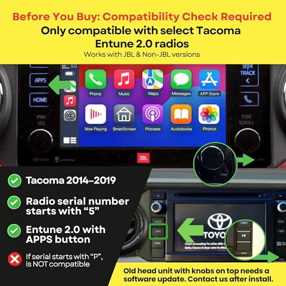 Wireless/Wired Adapter for CarPlay Android Auto Compatible with Toyota Tacoma 2014-2019 Entune 2.0 High Definition Audio High Screen Resolution.