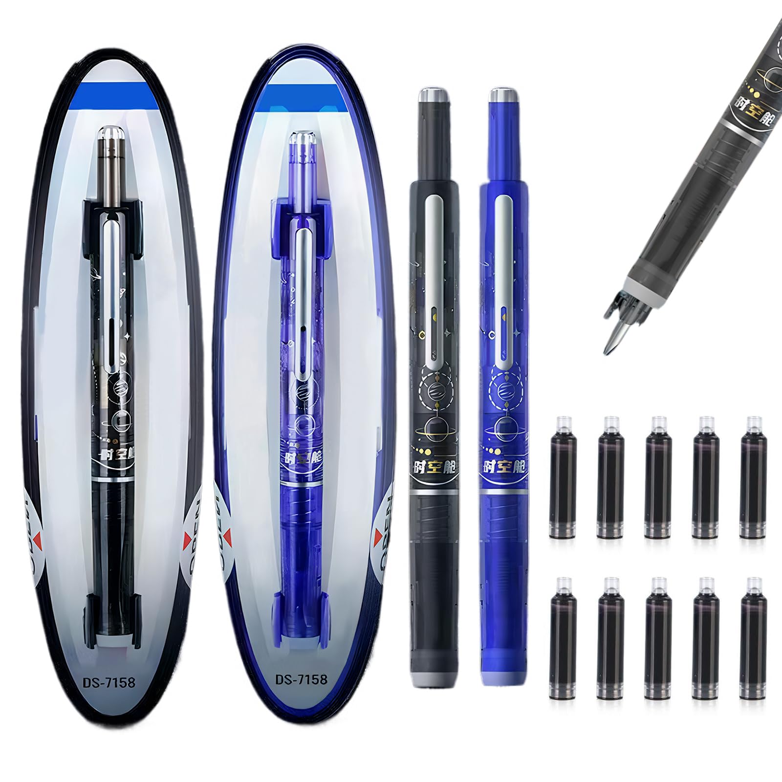 Uoxmiy 2 PCS Retractable Fountain Pen, 0.38mm Refillable Ink Press Fountain Pens, Transparent Barrel Retractable Pen with 10 PCS Ink Sac for Writing, Painting, School, Office (Dark Blue/Black)