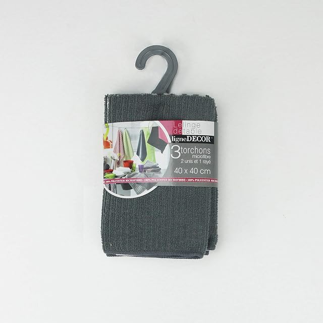 Ligne Decor 3 Tea Towels 40X40 Microfibre 2 Dyed/1 Striped CUISTOT, 100%-cotton, Anthracite/Grey