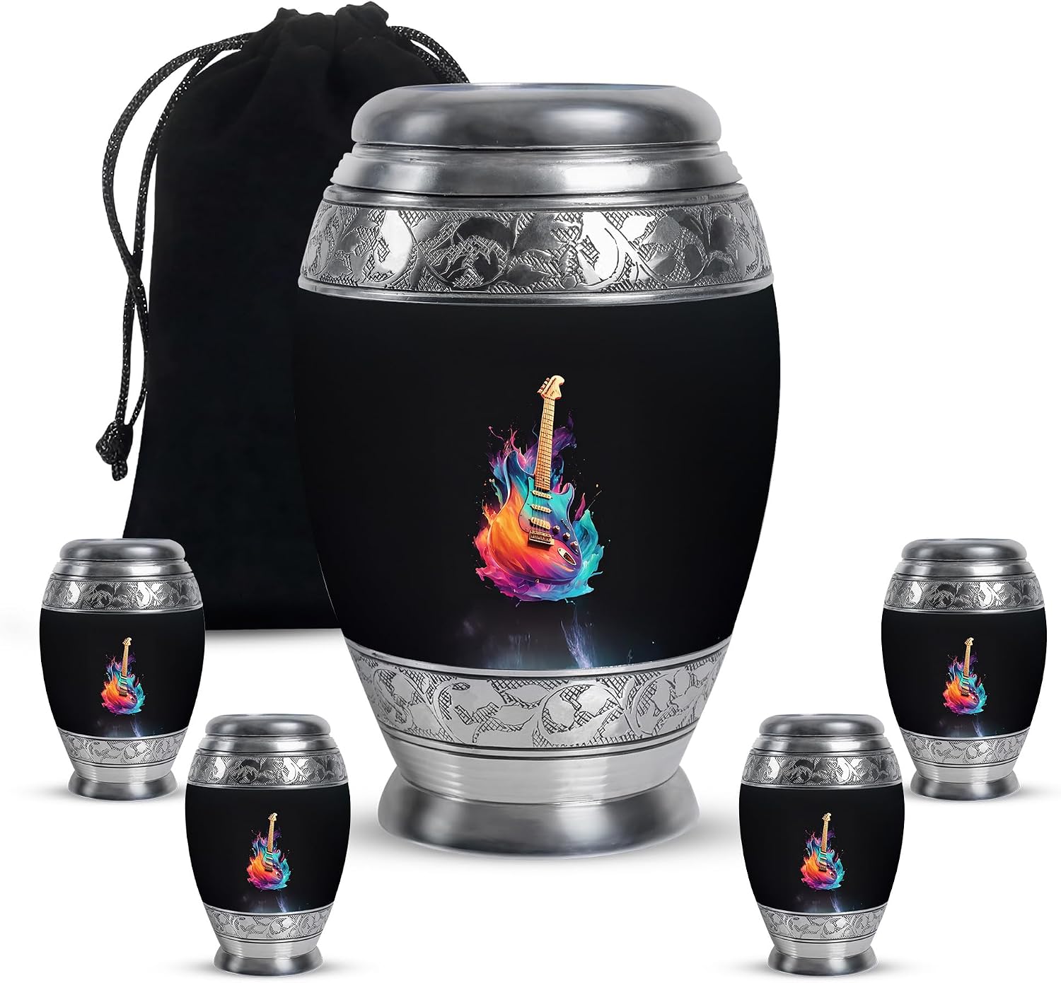 Guitar Funeral Urns for Women – Combo of 4 with Large 10 Inch Decorative Memorial Fairy House Urn for Adult Female and 3 Inch Mini
