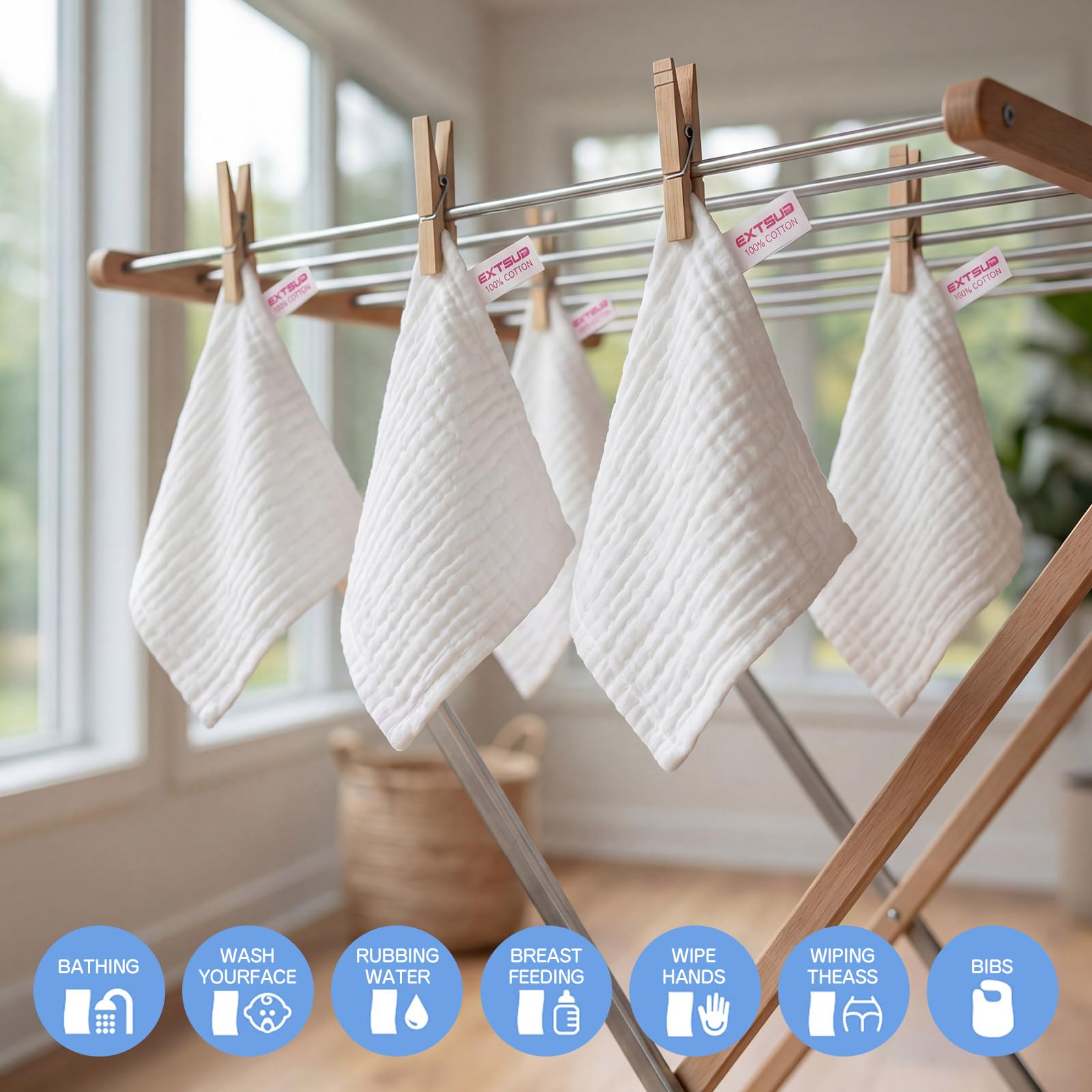 EXTSUD Lot de 10 Débarbouillettes de Bain pour Bébé Lingettes bébé en Mousseline de Coton 25 * 25cm Serviettes de Toilette Extra Douces, Absorbant, Lavable et Réutilisable pour Nouveau-né（Blanc）
