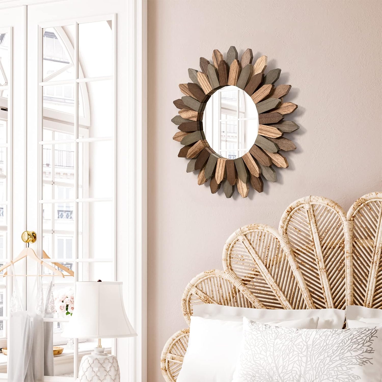 Wall Mirror 12 inch Rustic Wood Sunburst Boho Mirror Farmhouse Wall Decor Room Decor Home Decor for Bedroom Living Room Entryway (Tri-Color) Tri-color 12"L x 12"W image 2 of 8 B0BHT5523T