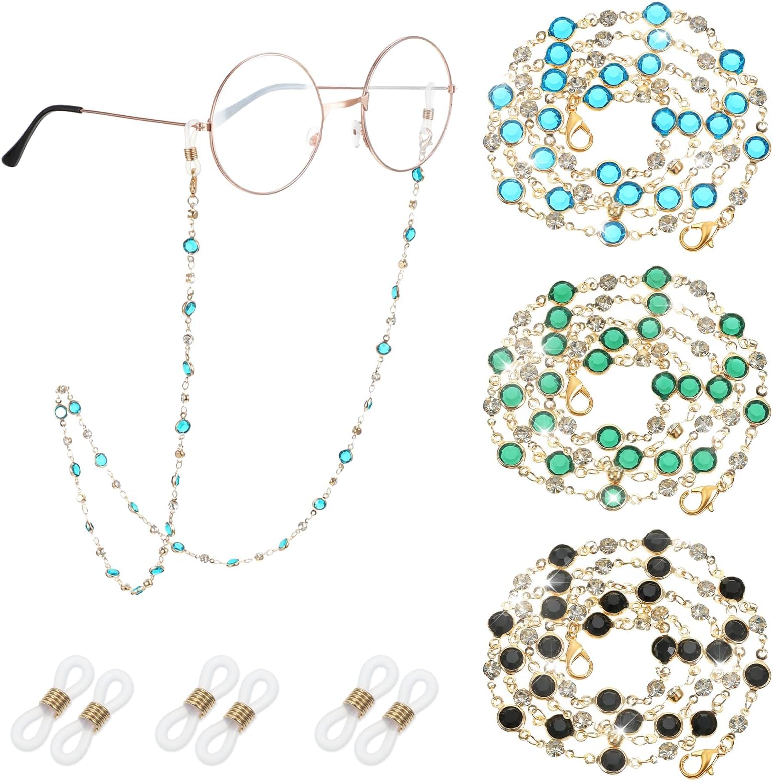 3 Pcs Beaded Eyeglass Chains, Colorful Glasses Mask Long Strap Lanyards Around Neck with Loop Ring, Fashion Vintage Acrylic Sunglasses Bead Lanyard Chain Holder, for Men Women Reading Spectacles