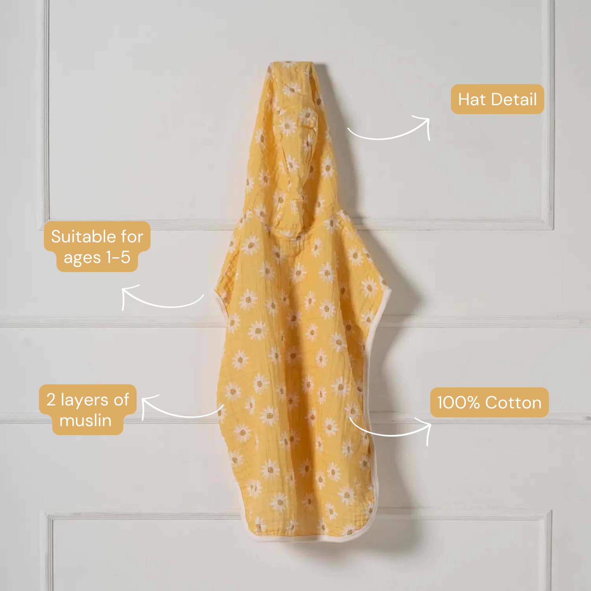 BEBELOP 100% cotton Organic Muslin Poncho,Fast-Drying Bath Towel with Hood 1-5 Years Lightweight and Breathable absorbent 2 Layer OEKO-TEX (Daisy) - Image 2
